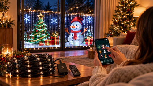 LumaGather animated LED curtain lights across a balcony at night
