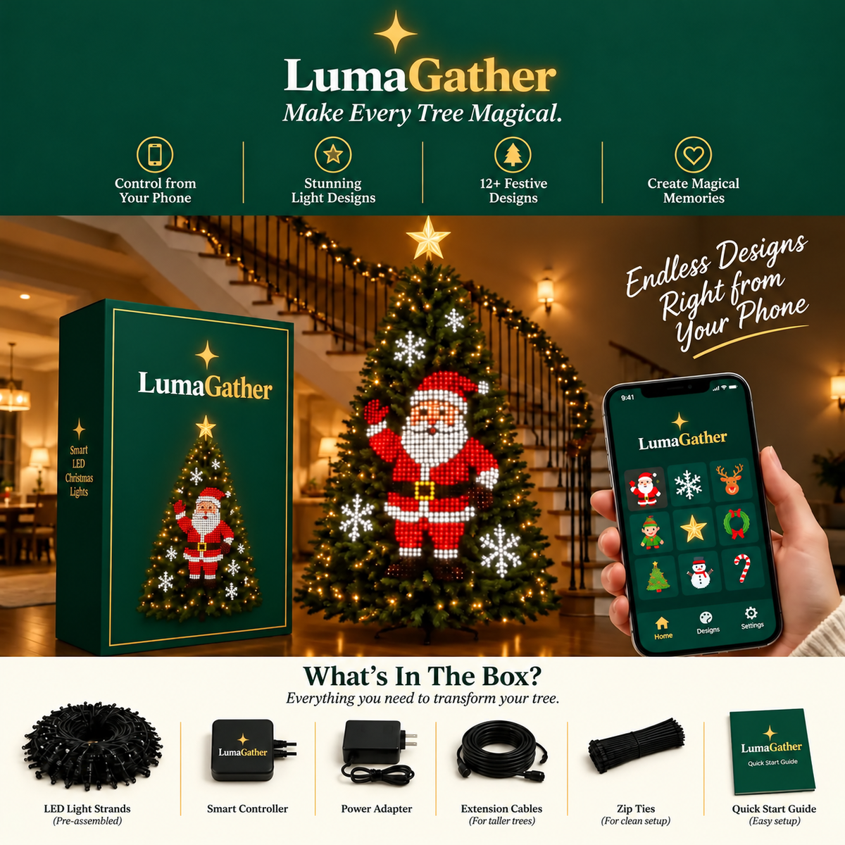 LumaGather Smart Animated Christmas Tree Lights — product overview