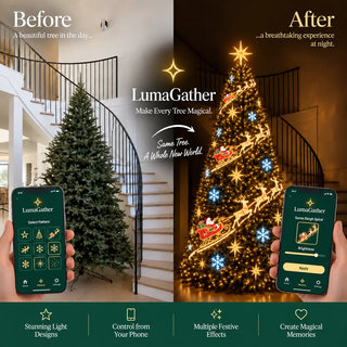 LumaGather Smart Animated Christmas Tree Lights — before and after
